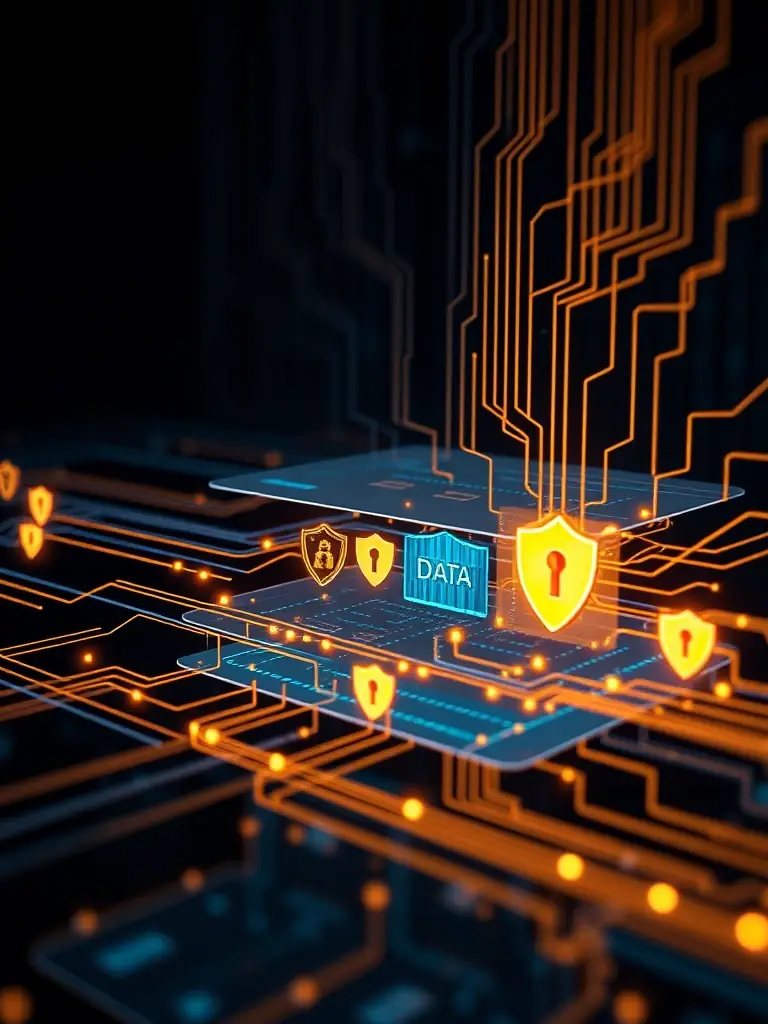 A visual representation of a secure network infrastructure, showcasing multiple layers of encryption and data protection protocols.