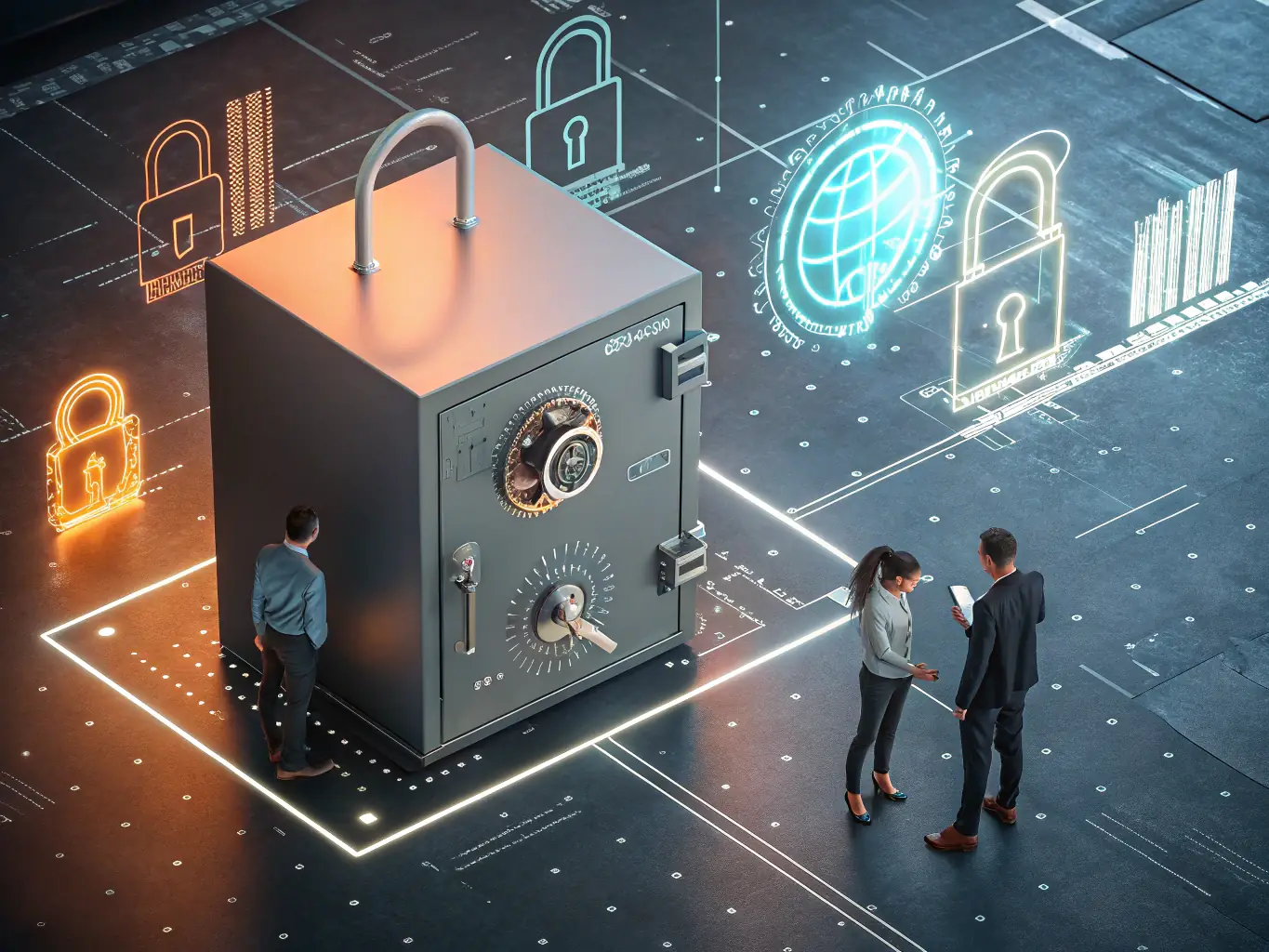 An image of a secure digital vault with layers of protection, symbolizing Ruach Covenant Technologies Inc's commitment to data security and governance.