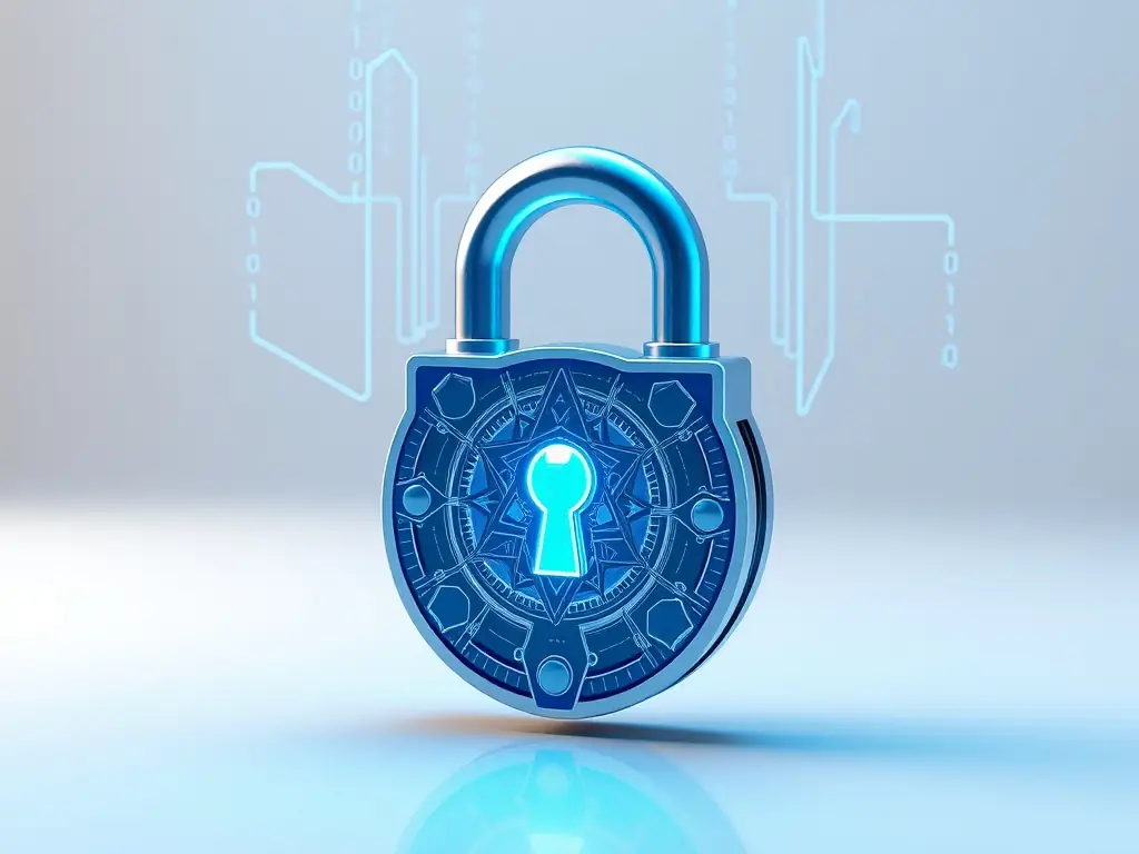 An image of a secure digital lock overlaying a network grid representing cybersecurity protection, symbolizing Ruach Covenant Technologies Inc's Cybersecurity Services.