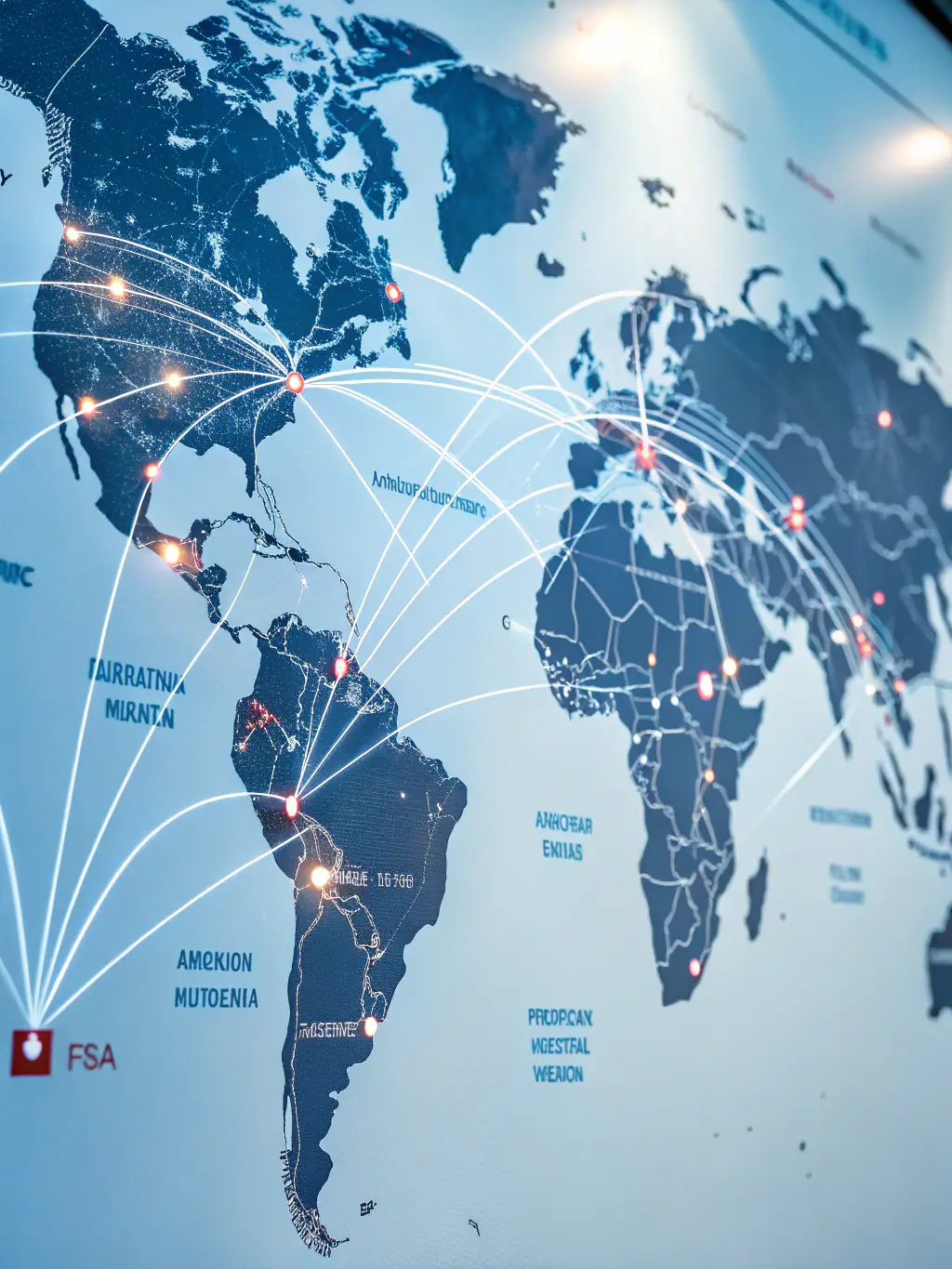 An illustration of a global communication network with secure nodes, highlighting the seamless and uninterrupted connectivity facilitated by Ruach Covenant Technologies.