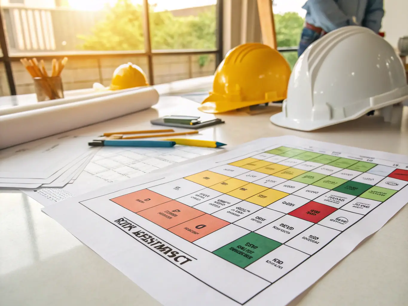 An image depicting a risk assessment matrix with various risk factors and mitigation strategies, representing Ruach Covenant Technologies Inc's risk management capabilities.