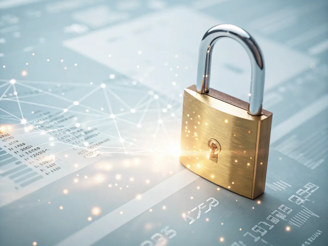 An image of a secure digital lock overlaying a network grid representing cybersecurity protection, symbolizing Ruach Covenant Technologies Inc's commitment to safeguarding digital assets.