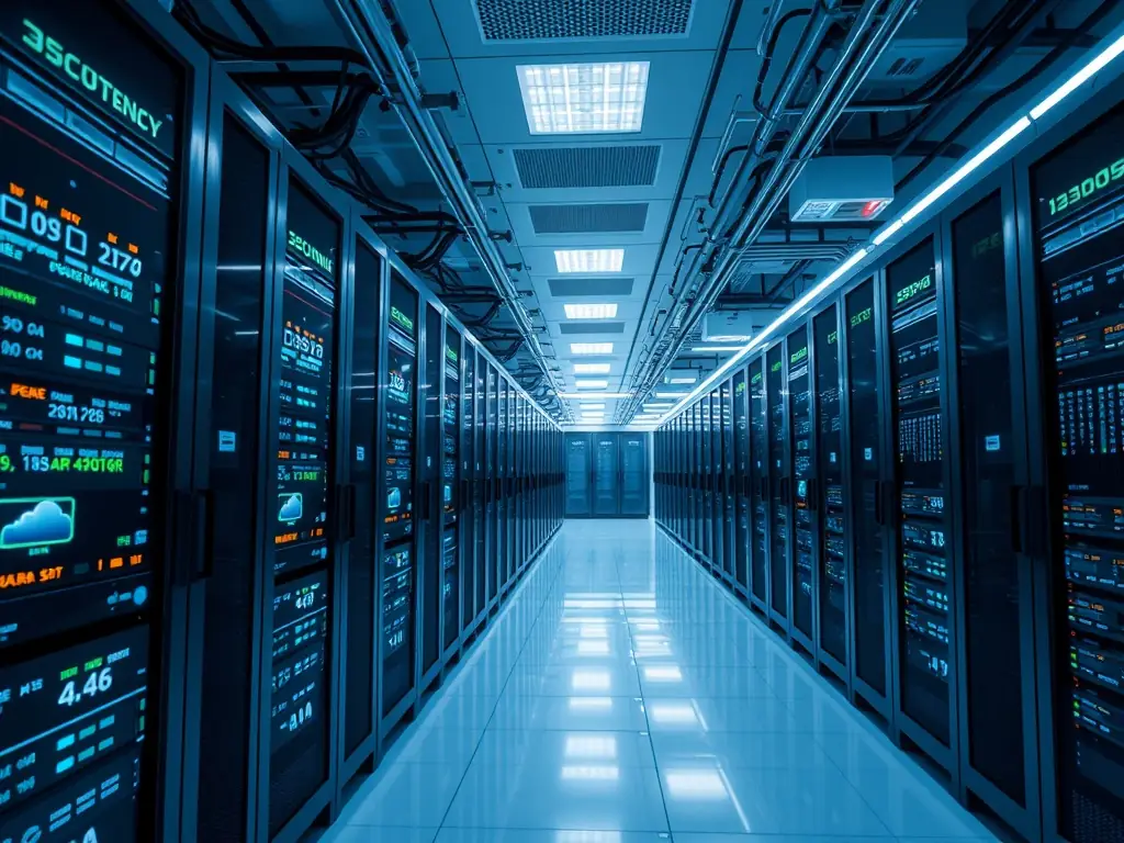 A modern data center with interconnected servers and cloud icons, representing the integration of data storage and processing capabilities.