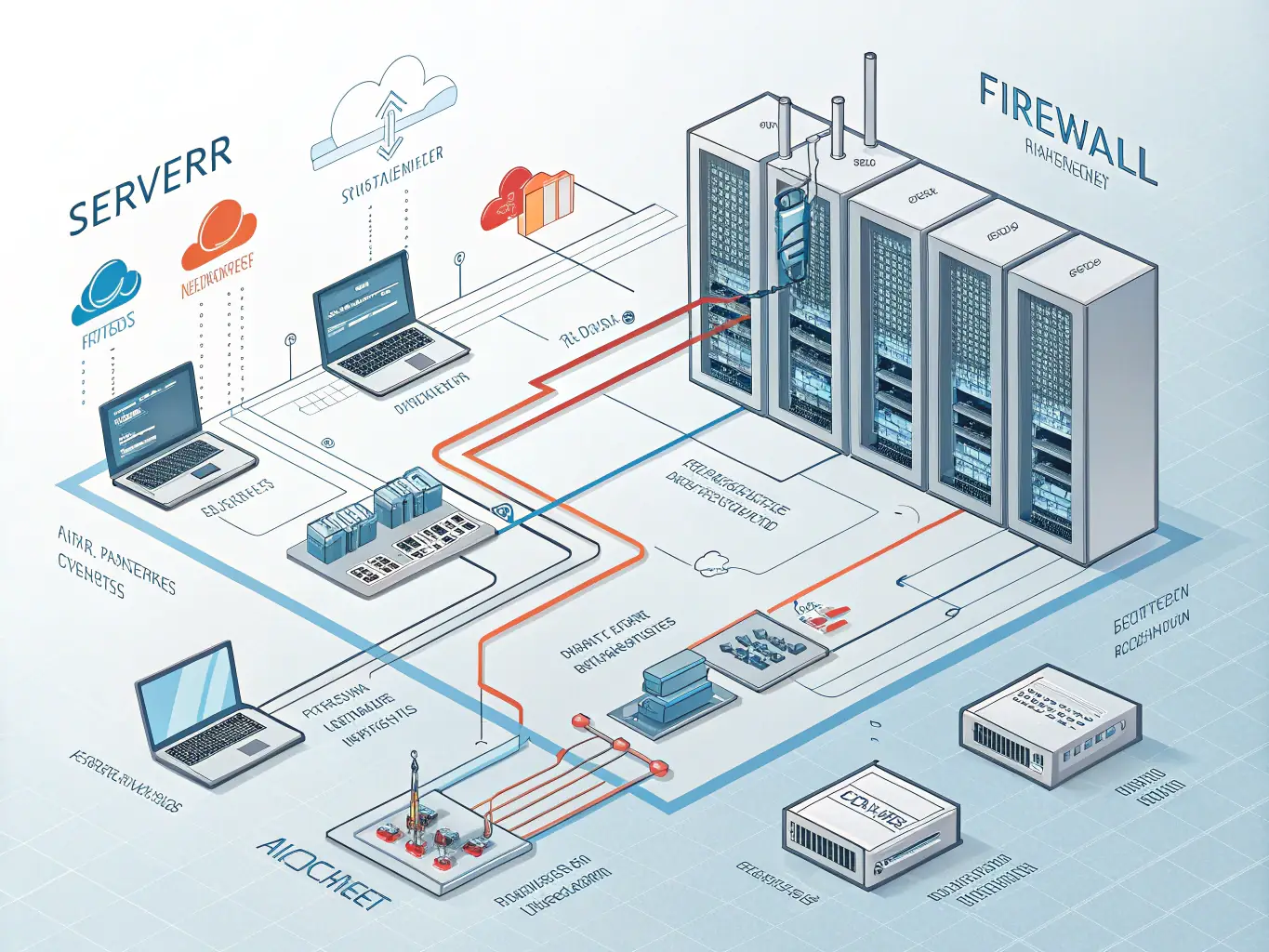 A detailed architectural diagram of a complex network, showcasing the interconnectedness and security features of the network architecture.