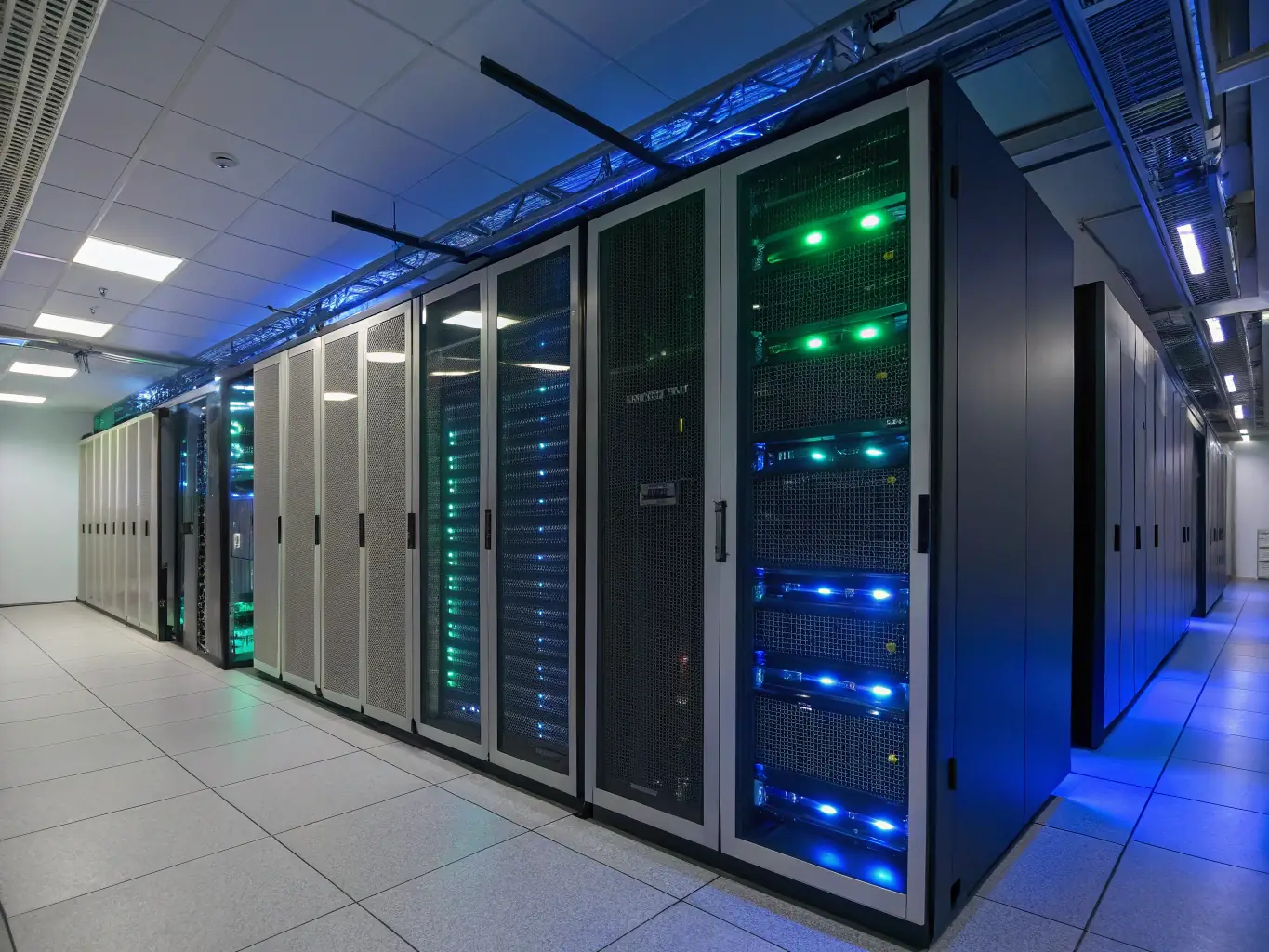 A high-tech data center filled with rows of servers, illuminated by blue and green lights, symbolizing the core of digital infrastructure.